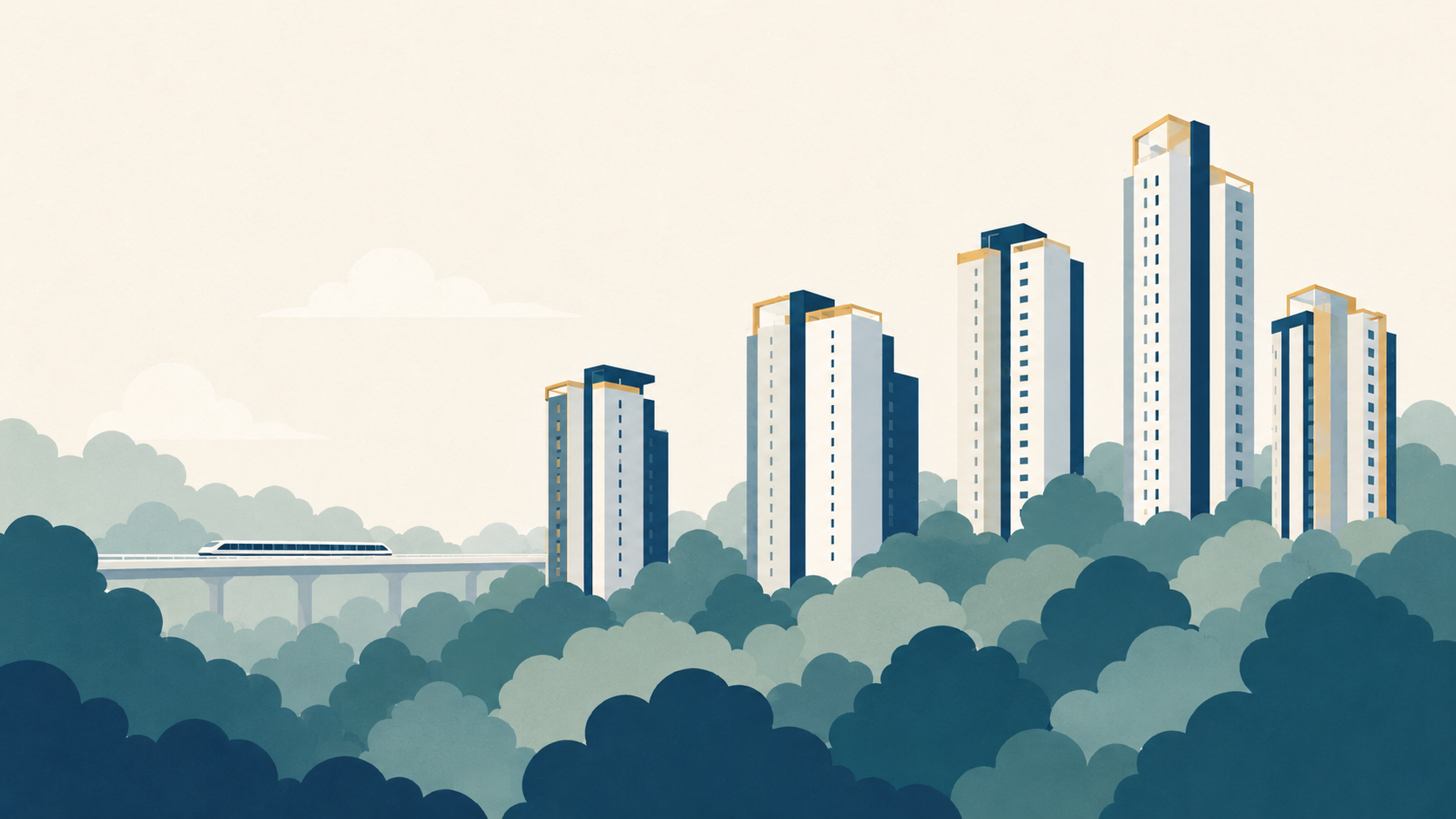 Editorial illustration of residential towers rising above dense tropical treetops with an elevated MRT line in the distance — a conceptual visual, not an official project rendering.