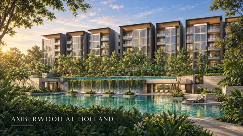Editorial illustration of Amberwood at Holland — low-rise residential blocks with warm bronze and stone façades above a landscaped pool deck, surrounded by lush greenery.