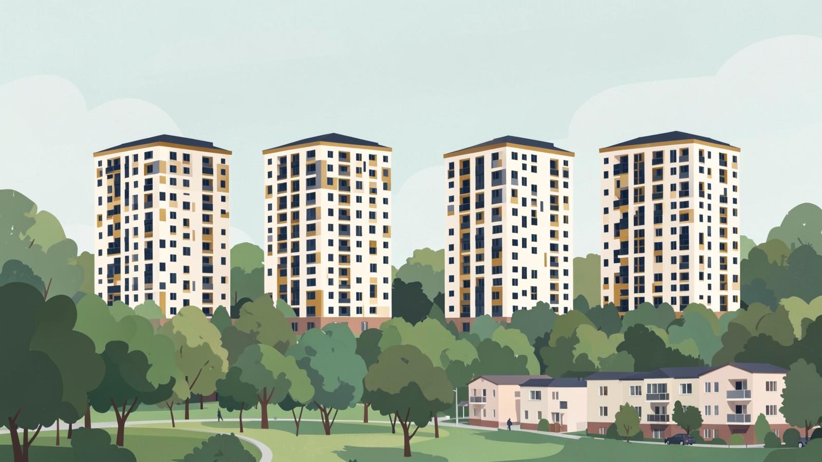 Editorial illustration of four low residential blocks among mature trees beside a neighbourhood park
