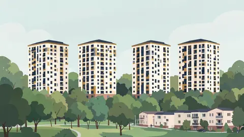Editorial illustration of four low residential blocks among mature trees beside a neighbourhood park