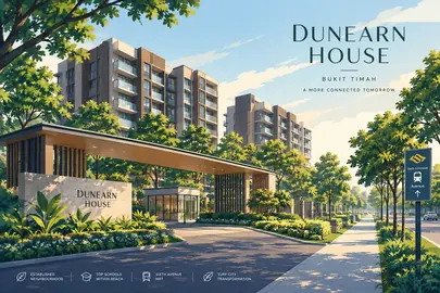 Editorial illustration of Dunearn House showing its low-rise residential blocks, arrival driveway and tree-lined Dunearn Road frontage