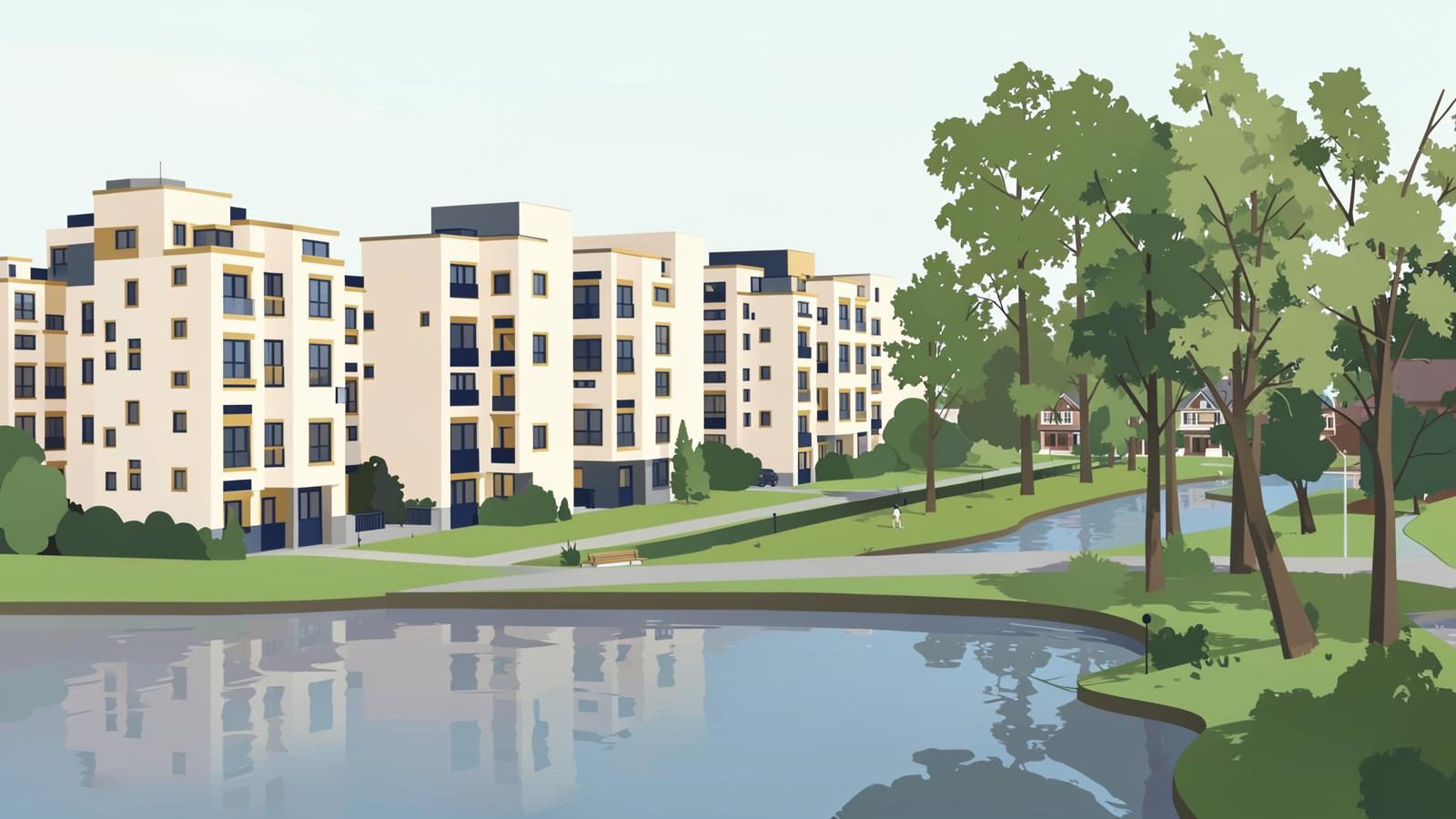 Editorial illustration of low-rise residential blocks beside a river and a tree-lined park connector, with landed housing nearby
