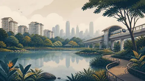 Editorial location illustration of Lakeside in Singapore, showing water, tropical greenery, a boardwalk, an elevated MRT line and residential blocks.
