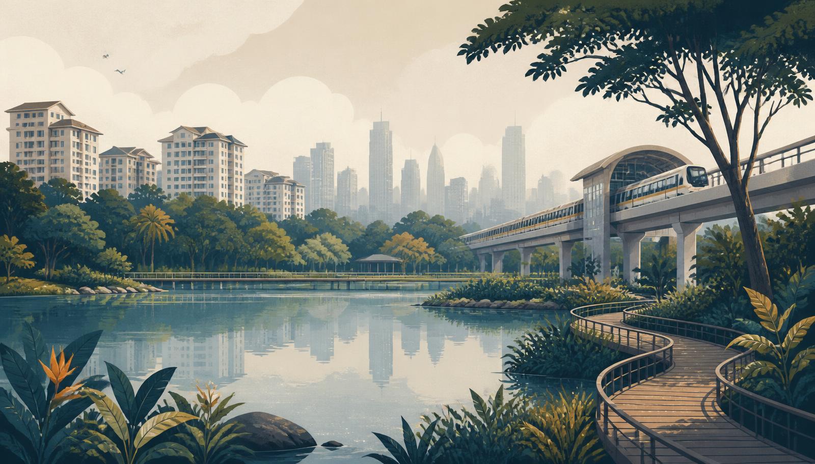 Editorial location illustration of a Singapore lakeside park with water, tropical greenery, a boardwalk, an elevated MRT line and distant residential blocks — a conceptual visual, not an official project rendering.