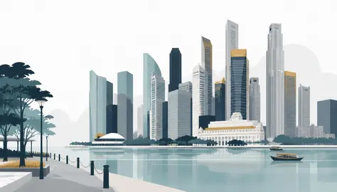 Editorial illustration of a city skyline seen across a calm waterfront promenade