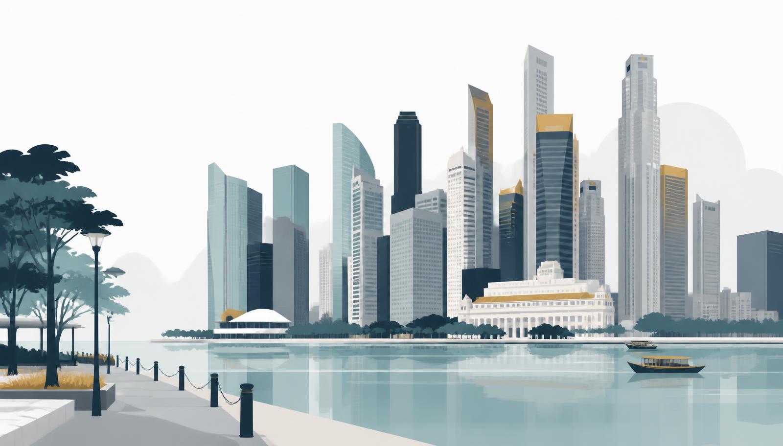 Editorial illustration of a city skyline seen across a calm waterfront promenade