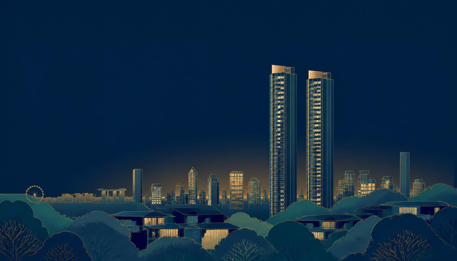 Editorial illustration of city-fringe residential towers among tree canopy