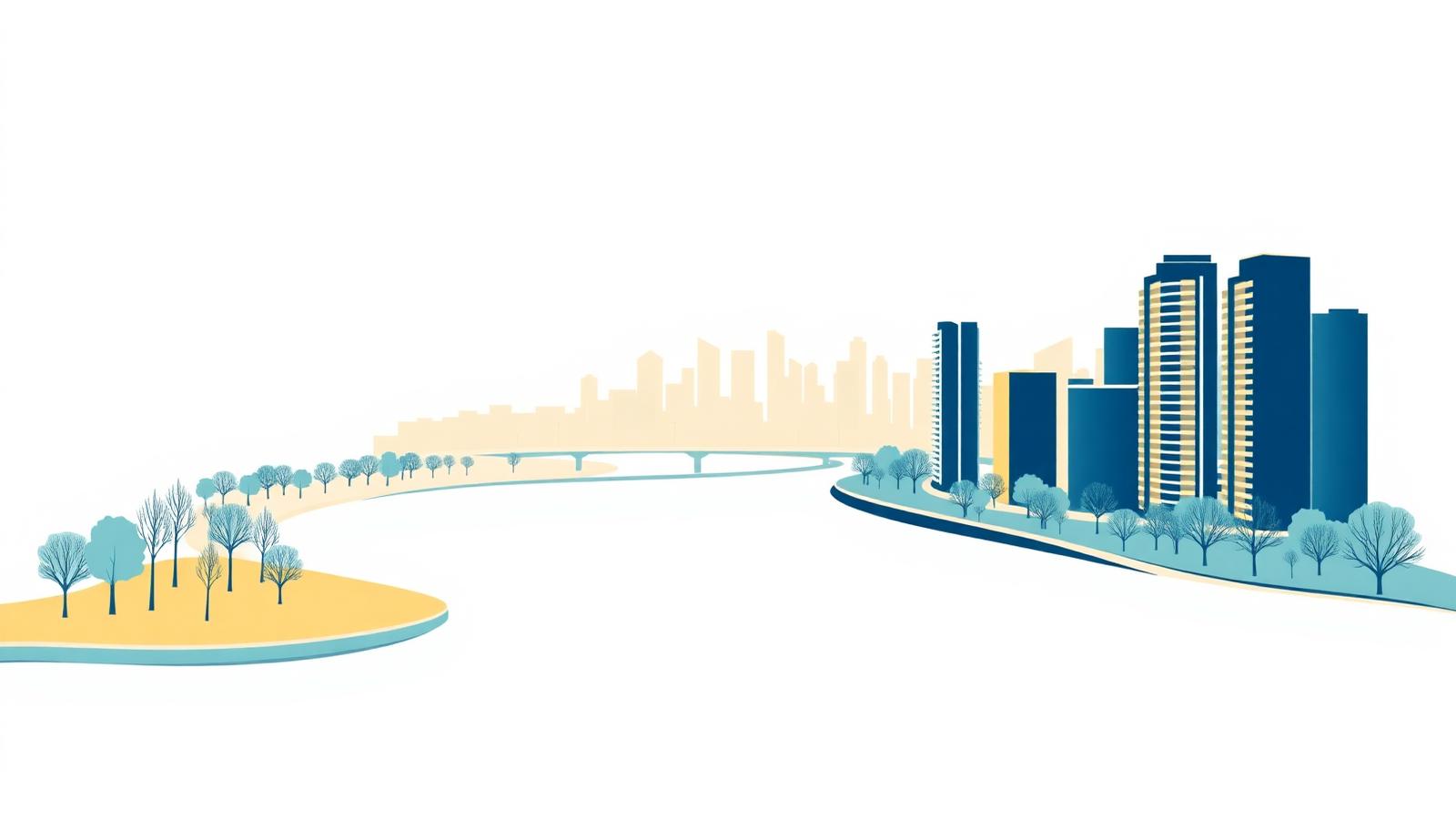 Editorial illustration of a riverfront park edge with slender towers and a central-city skyline