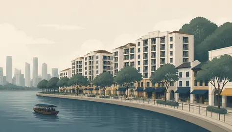 Editorial illustration of low-rise riverside residential blocks along a calm quay, with a wooded hill and a distant skyline
