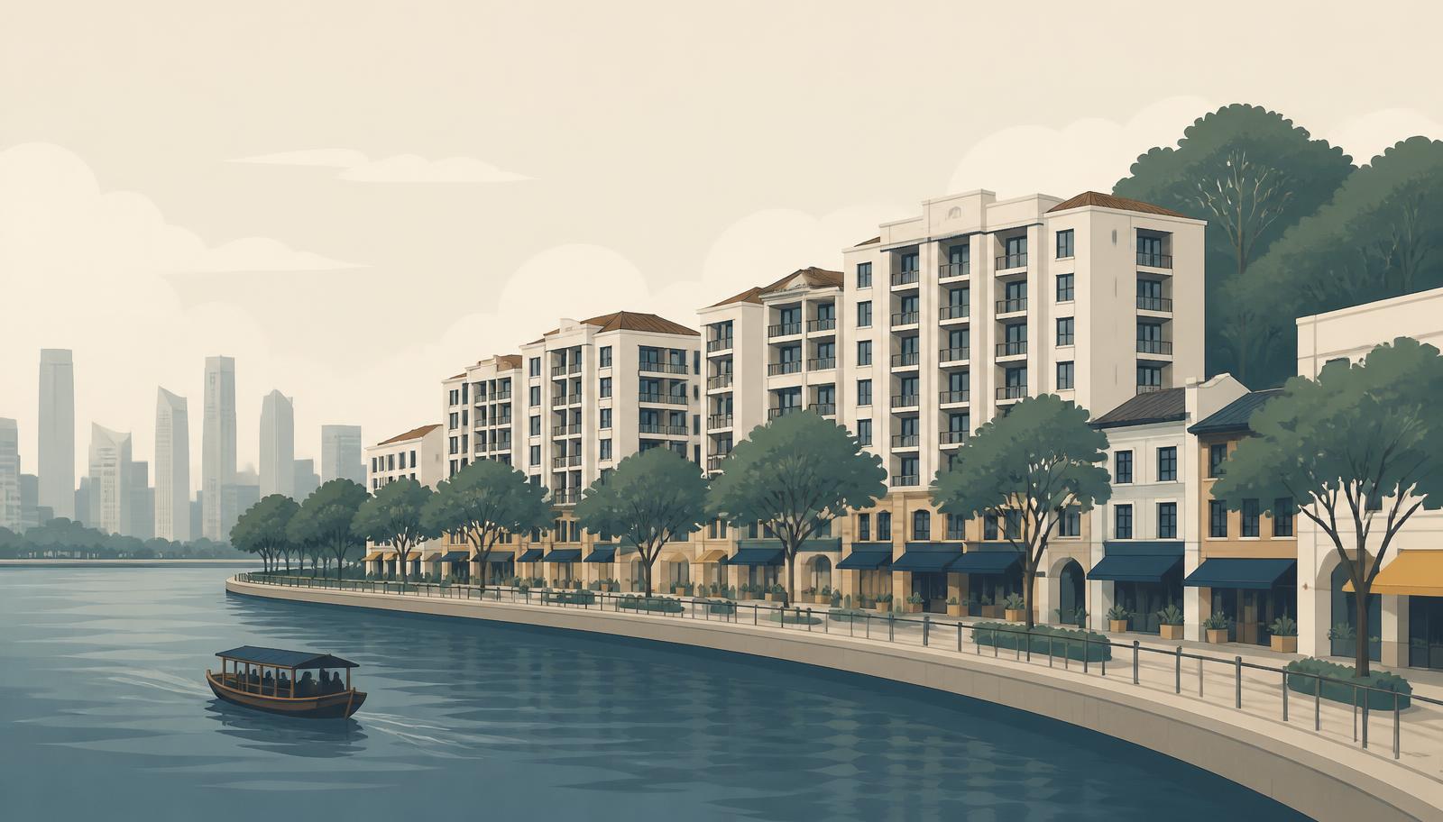 Editorial illustration of low-rise riverside residential blocks along a calm quay, with a wooded hill and a distant skyline