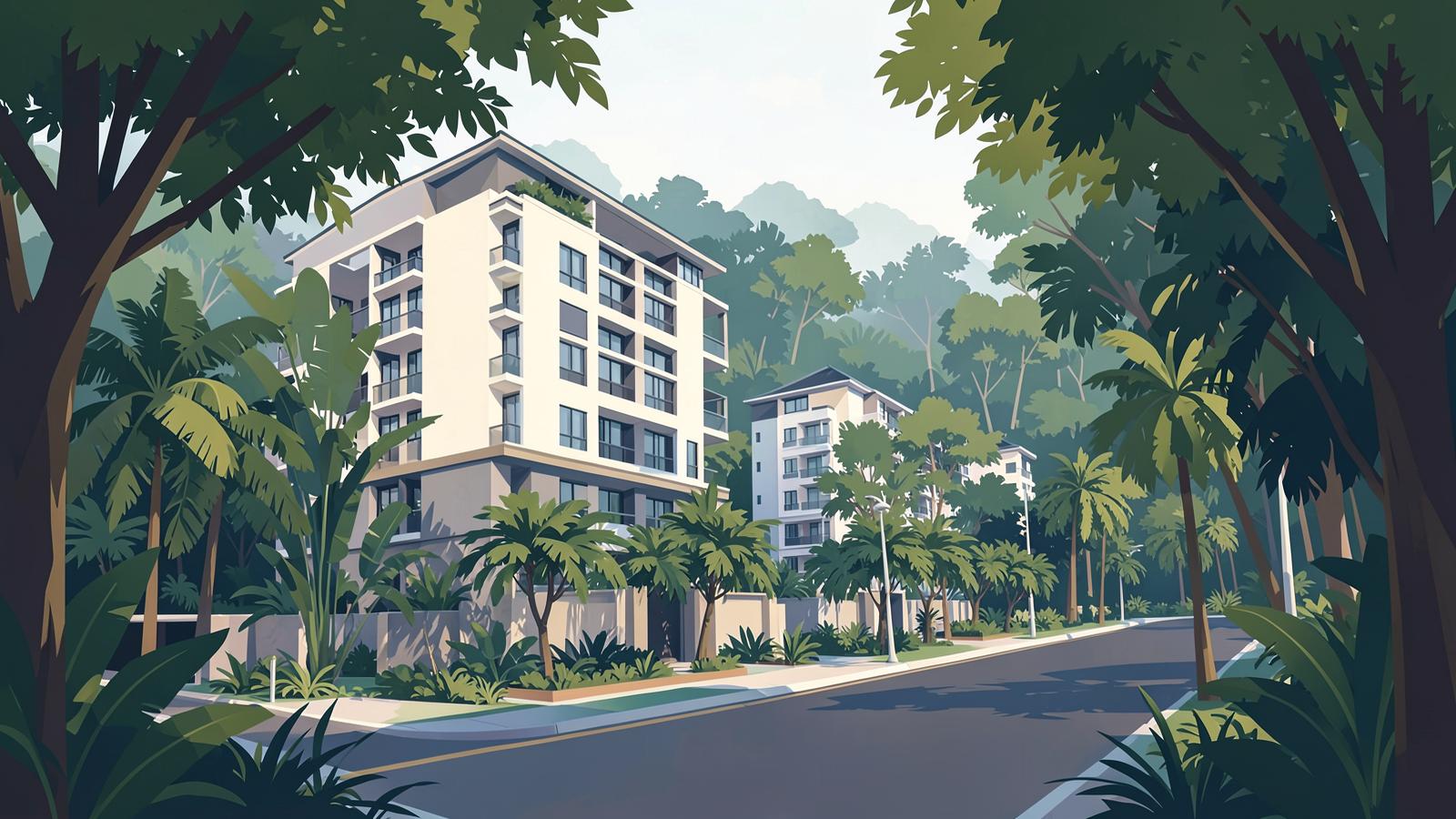 Editorial illustration of low-rise residential blocks surrounded by lush tropical greenery and a forested nature belt, with a quiet tree-lined street