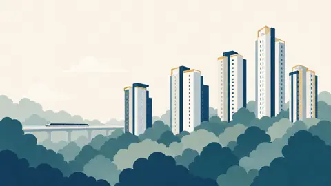 Editorial illustration of residential towers rising above dense tropical treetops with an elevated MRT line in the distance — a conceptual visual, not an official project rendering.